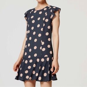 LOFT Dark blue and Peach Polka Dot Ruffle Sleeve Drop Waist Dress Size S